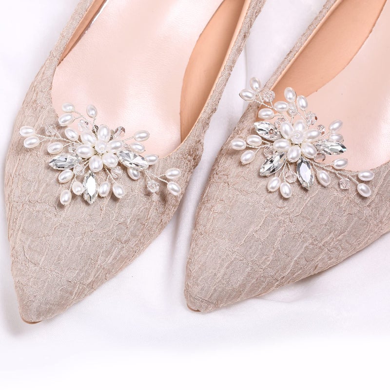 Flyonce Crystal Simulated Pearl Shoe Clips DIY Floral Shoe Buckle Shoe Decoration for Wedding Party 2 Pcs - Image 2